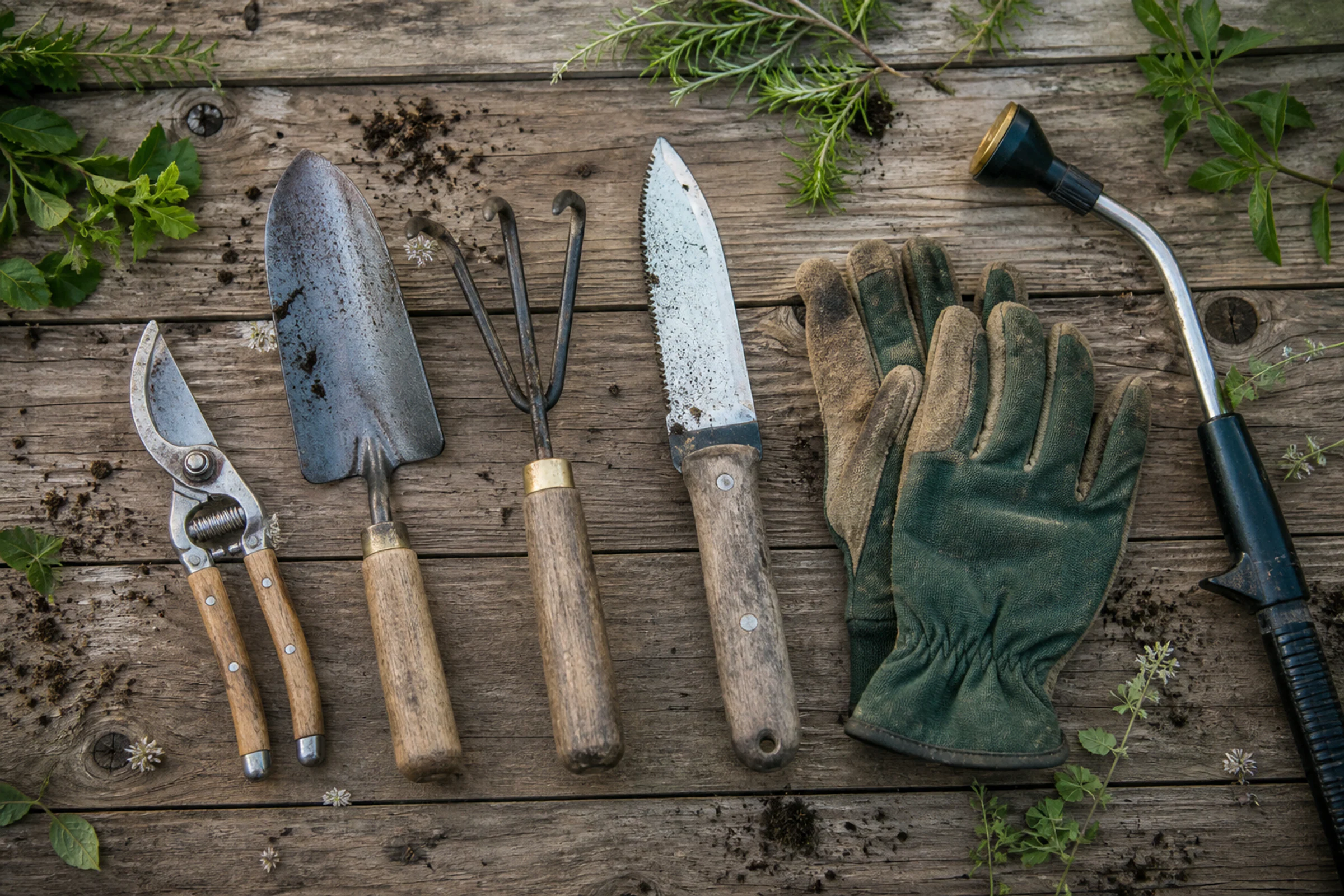 Gloved hands mixing compost into a garden bed