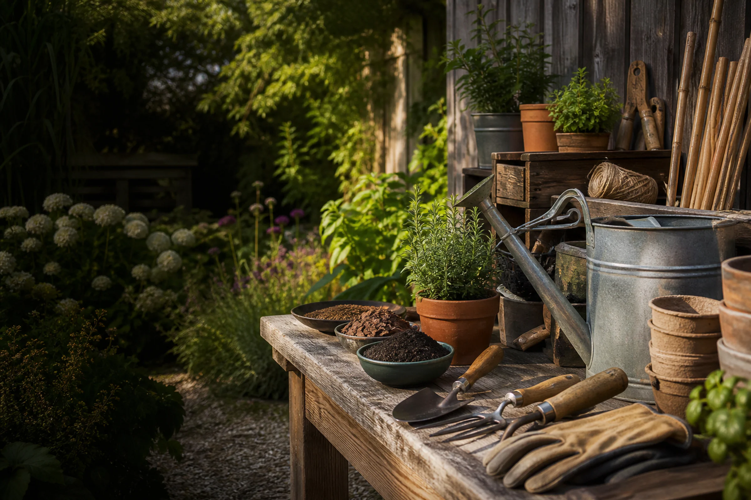A tidy garden shed with tools and supplies