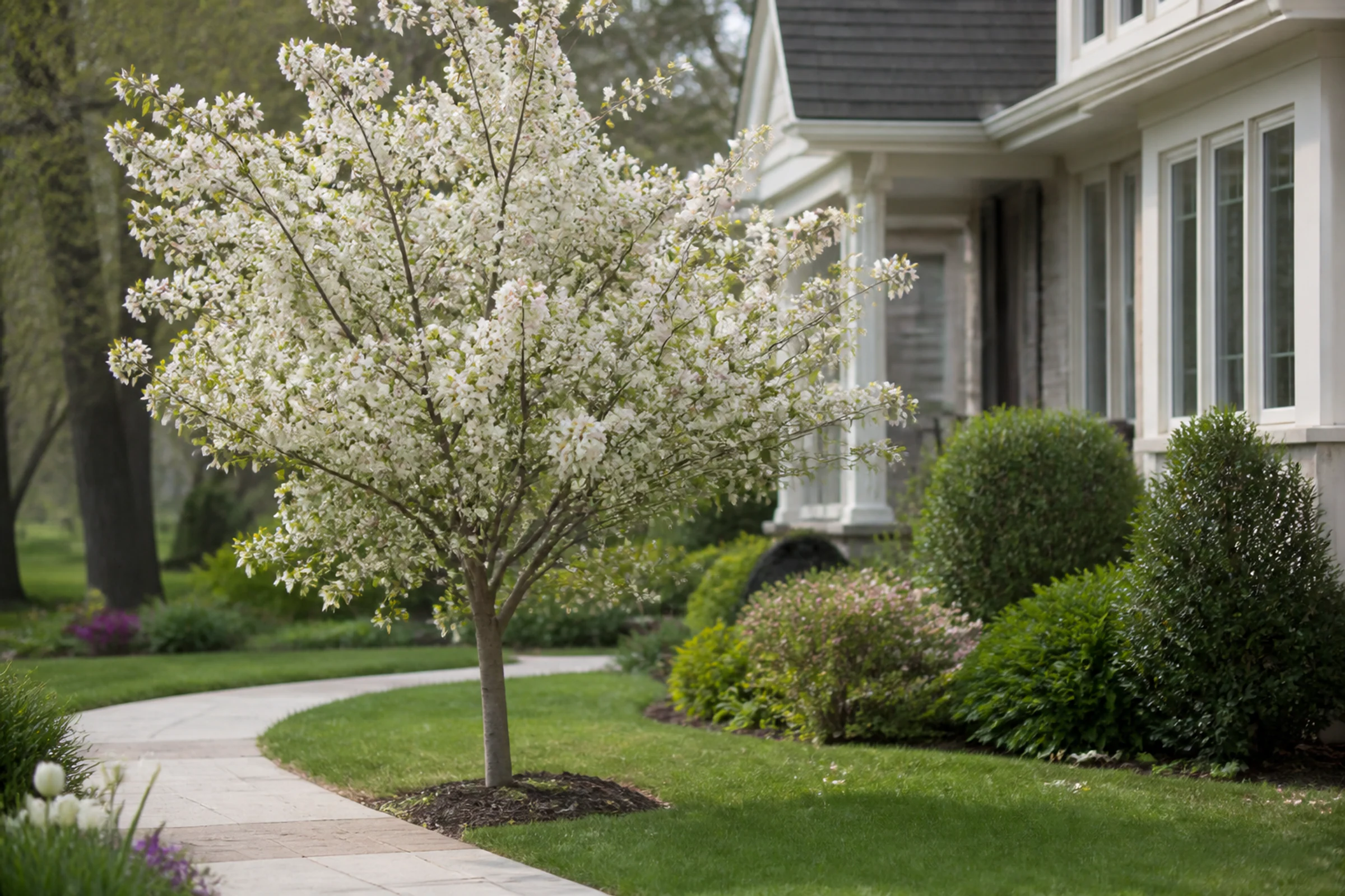 A young ornamental tree beside a front walk